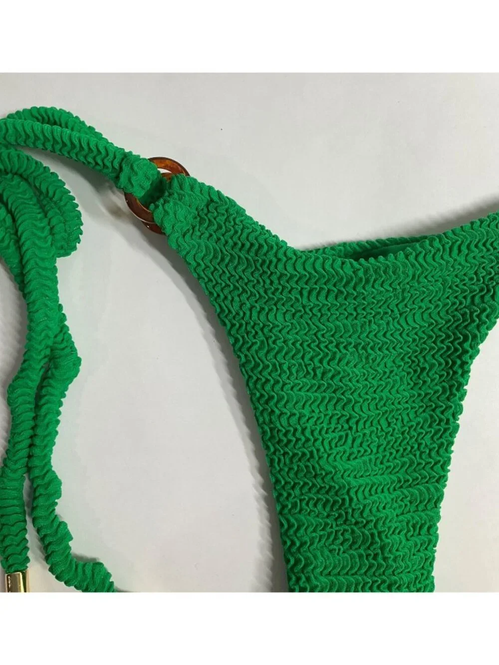 MONDAY Swimwear High Rise Thong Bikini Bottoms in Palm Green Crinkle
